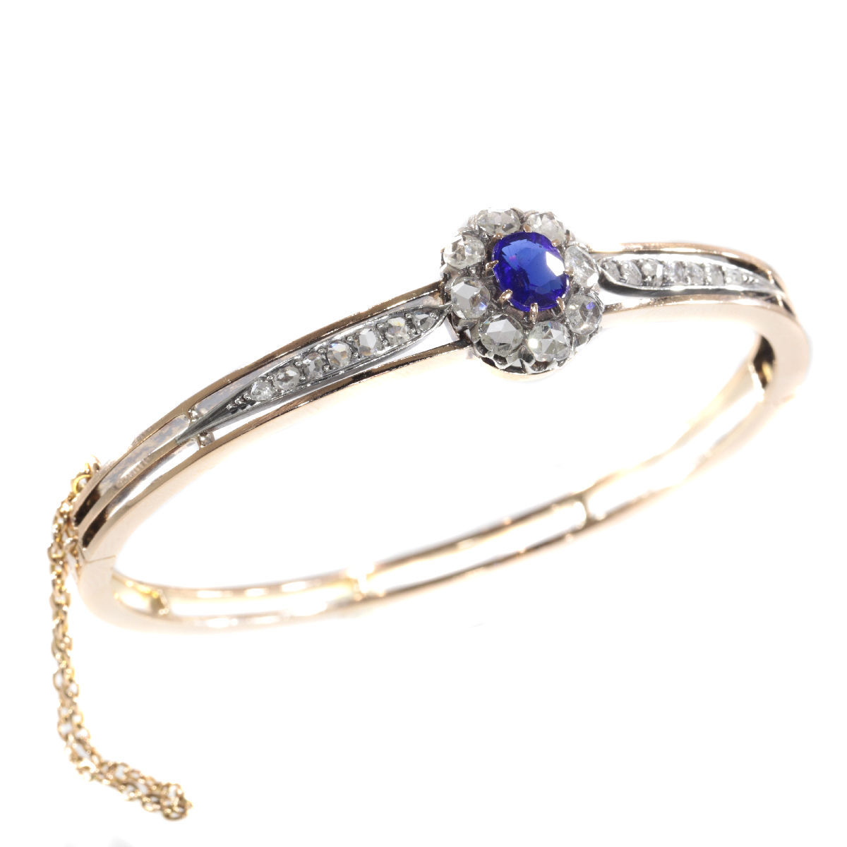 Antique Victorian gold bangle set with diamonds and blue strass